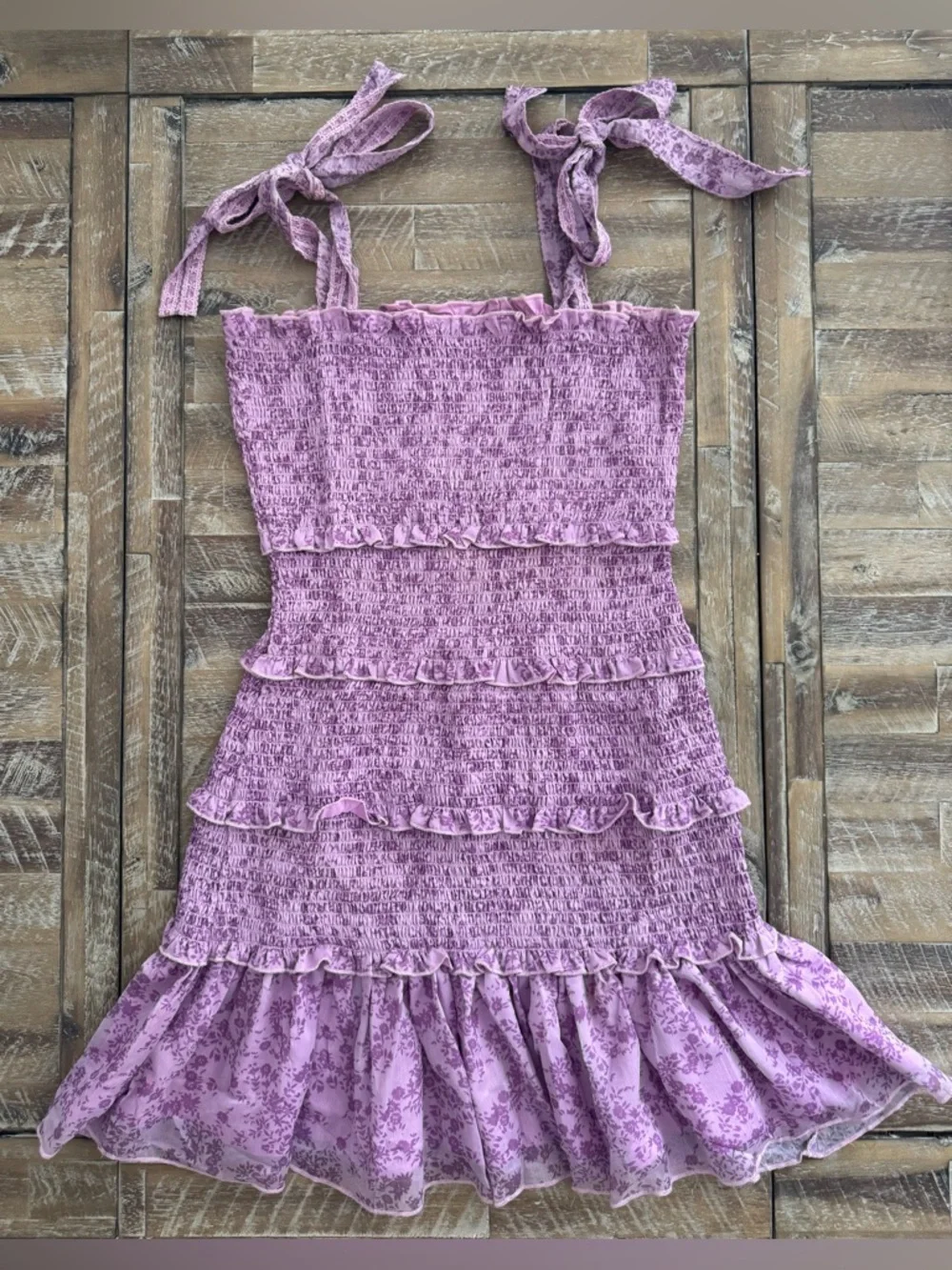 Amazon Purple Tie-Shoulder Smocked Mini Dress - Picture 6 of 7